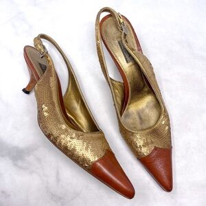 PRADA Vintage Y2K Sequin Leather Western Pointed Toe Slingback Kitten Heel Pumps